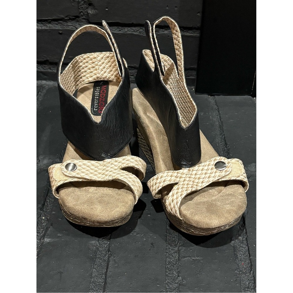 Modzori Reversible Wedge Sandals Black Cream Woven Slingback Platform 7